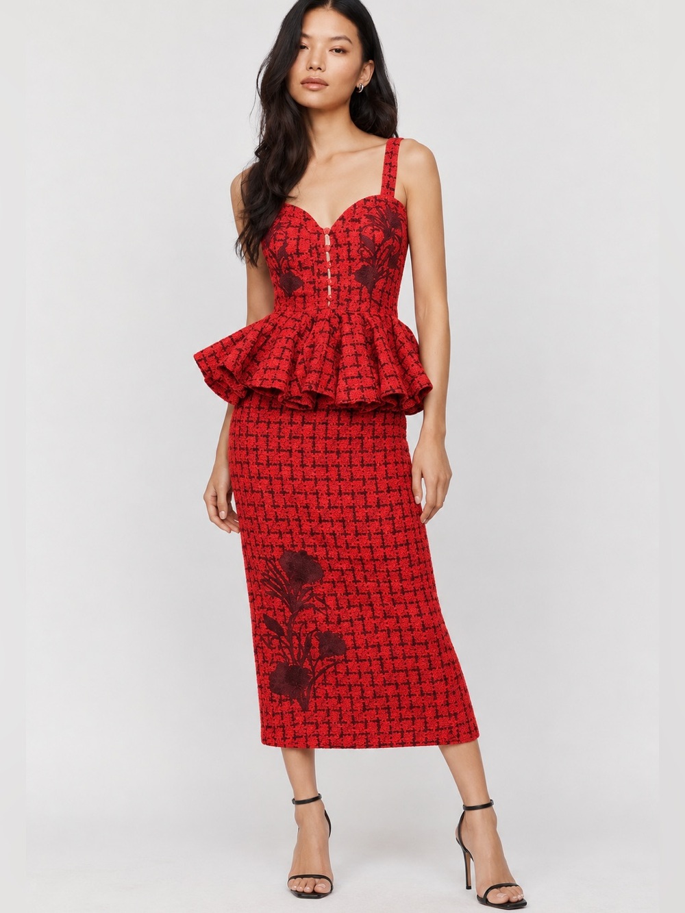 NWT Fanm Mon Gulia Peplum Tweed Midi Dress Red Floral Sz M